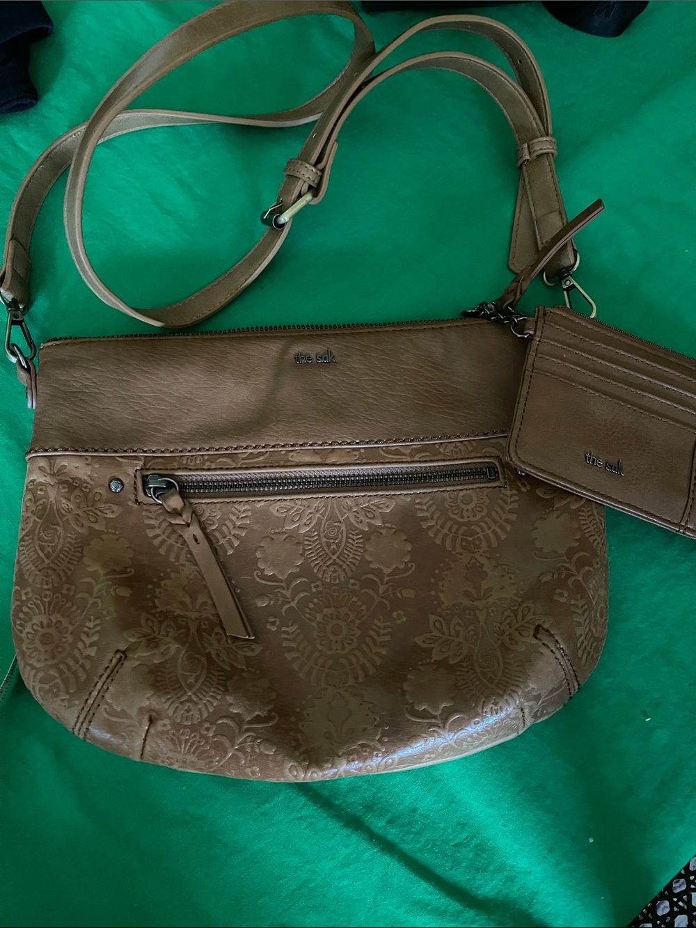 The Sak Tan Embossed Leather Crossbody with Detachable Cardholder